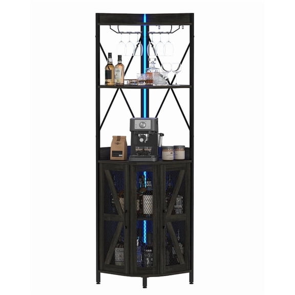 TROPOW 4-Tier Corner Wine Rack, Freestanding Foldable Bar Cabinet, Industrial Metal and Wood Wine Storage Shelf for Small Spaces, Living Room & Kitchen