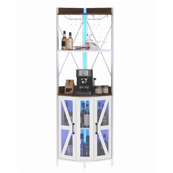 TROPOW 4-Tier Corner Wine Rack, Freestanding Foldable Bar Cabinet, Industrial Metal and Wood Wine Storage Shelf for Small Spaces, Living Room & Kitchen