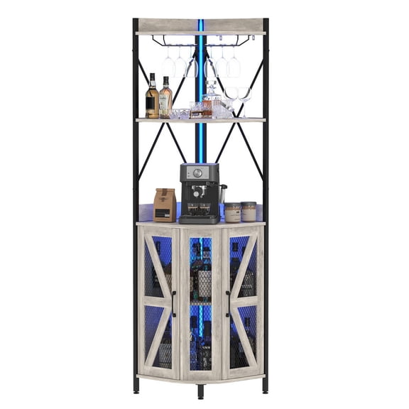 TROPOW 4-Tier Corner Wine Rack, Freestanding Foldable Bar Cabinet, Industrial Metal and Wood Wine Storage Shelf for Small Spaces, Living Room & Kitchen