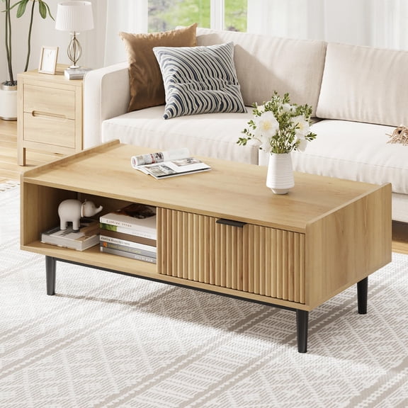 TROPOW 42.5" Fluted Coffee Table with Storage Drawer and Open Shelf, Mid-Century Modern Living Room Table in Light Wood, Elegant Design, Easy Assembly, Functional Storage Solution