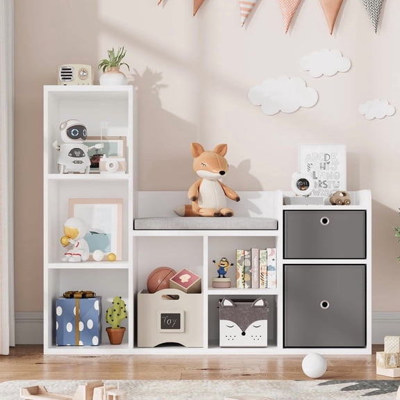 TROPOW 44 Inch Kids Bookshelf and Toy Storage with Bench - Toy Storage Organizer with Reading Nook & Seat Cushion, Kids Reading Nook for Playroom