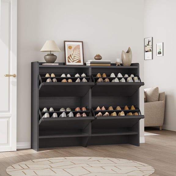TROPOW 47.2in Shoe Cabinet with 4 Flip Doors, Wooden Shoe Storage Organizer with Adjustable Shelf, Hidden Entryway Hallway & Living Room Storage Cabinet, Freestanding Design, Black