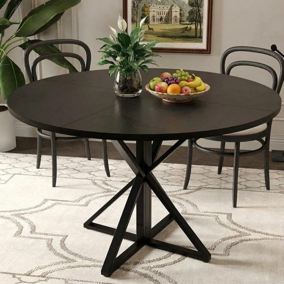 TROPOW 47 Inch Round Dining Table for 4, Farmhouse Kitchen Table with Sturdy Metal Base, Circle Wood Table for Dining Room, Living Room & Apartment