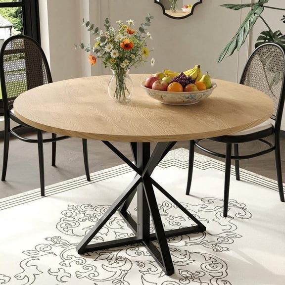 TROPOW 47 Inch Round Dining Table for 4, Farmhouse Kitchen Table with Sturdy Metal Base, Circle Wood Table for Dining Room, Living Room & Apartment