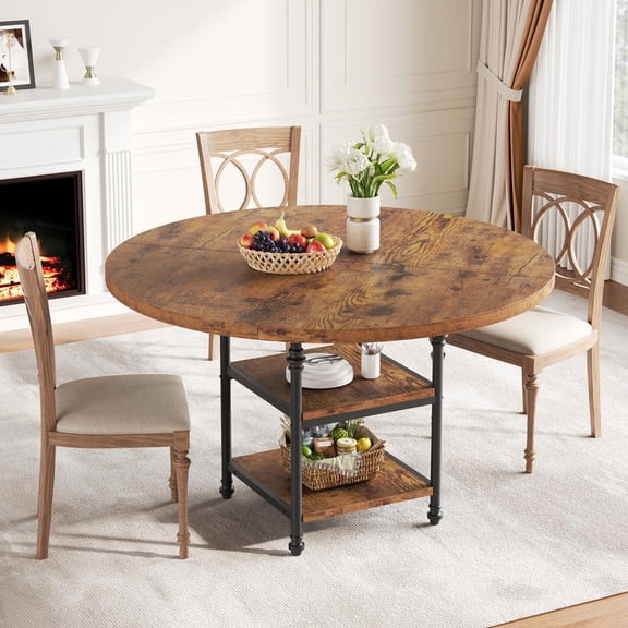 TROPOW 47" Round Dining Table for 4-6, Wood Kitchen Table with Sturdy Pedestal Base, Farmhouse Circle Dinner Tables for Dining Room, Living Room, Round Tables with Storage, Space Saving