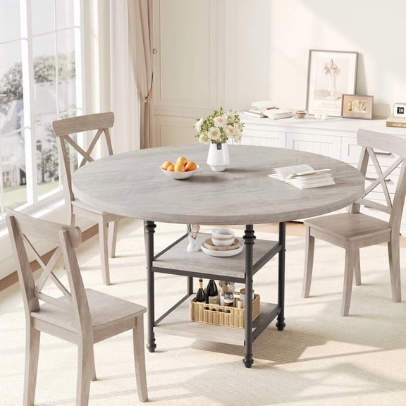 TROPOW 47" Round Dining Table for 4-6, Wood Kitchen Table with Sturdy Pedestal Base, Farmhouse Circle Dinner Tables for Dining Room, Living Room, Round Tables with Storage, Space Saving