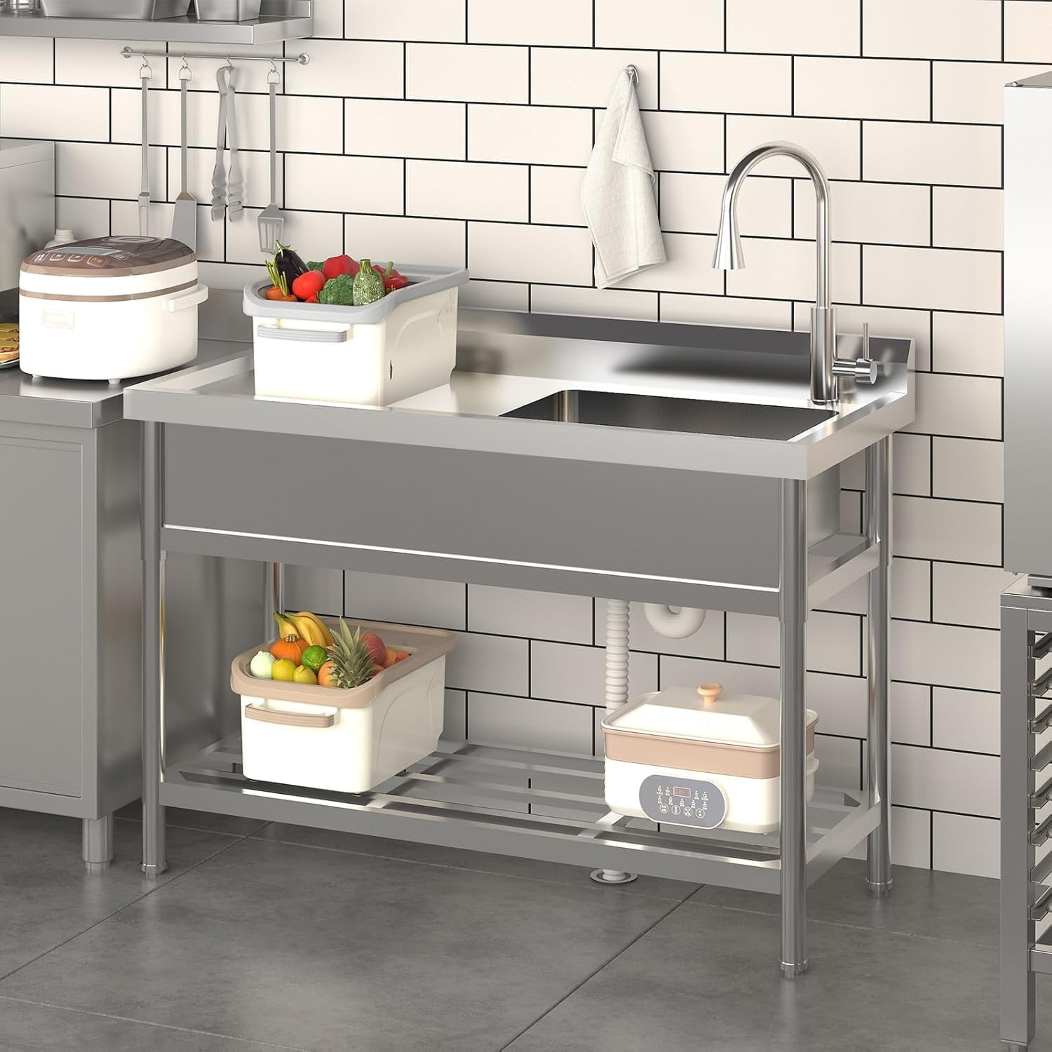 TROPOW 47x37x42.5 Inch Stainless Steel Utility Sink, Freestanding Single Bowl with Cold and Hot Water Pipe and Faucet, Commercial Sink Kitchen Sink for Restaurant Laundry Room Bathroom Garage