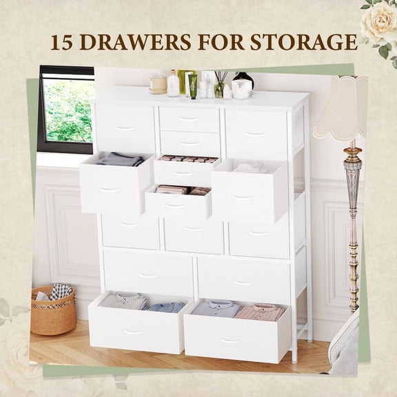TROPOW 48-Inch Wide 15-Drawer Fabric Storage Cabinet with Wood-Grain Top & Metal Frame, Multi-Use Dresser for Clothes in Bedroom, Closet, Living Room, Entryway, and Hallway