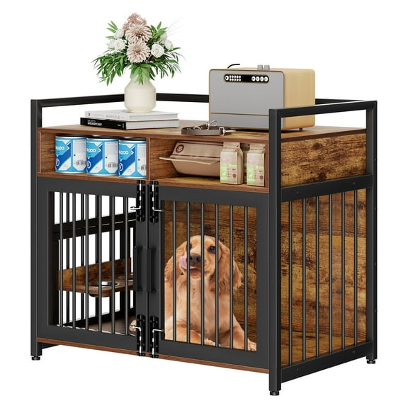 TROPOW 48 inch Large Dog Crate Furniture, Heavy Duty Wooden Dog Kennl with 2 Storage Drawers, 360° Adjustable Raised Feeder, Double Doors, Indoor Dog Crate for Large or Medium Dogs