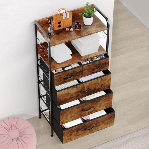TROPOW 5 Drawer Dresser with Fabric Bins,Fabric Storage Tower,Closet Organizers and Storage for Bedroom,Hallway&Entryway,Tall Chest of Drawers with Wood Top Chest of Drawers