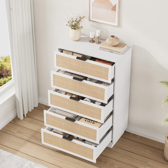 TROPOW 5 Drawer Rattan Dresser for Bedroom, Integrated Cabinet Body & Legs Design, Wooden Chest of Drawers for Hallways, Entryways and Closet, Easy Assembly