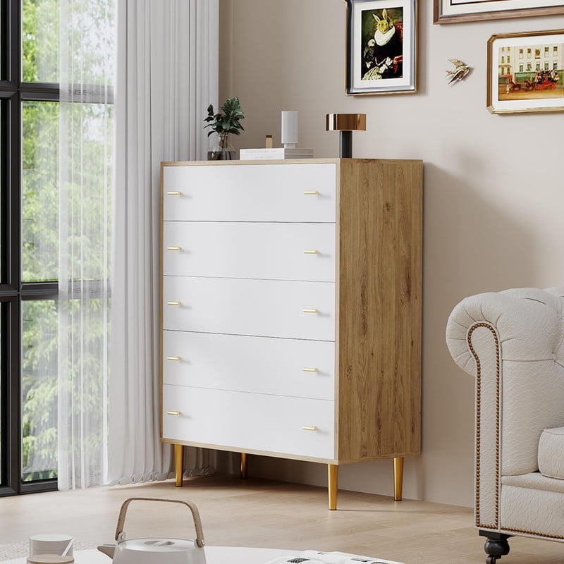 TROPOW 5 Drawers Dresser for Bedroom, 31.5" Wide Wood Rustic Chest of Drawers with Bar Handles, Vintage Design, Storage Dressers Organizer for Bedroom, Living Room, Hallway