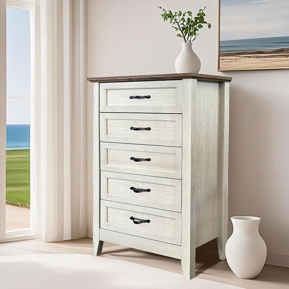 TROPOW 5 Drawers Dresser for Bedroom, Wood Tall Chset of Drawers, Farmhouse Dresser Chests with Metal Handle for Bedroom,Living Room,Hallway and Entryway