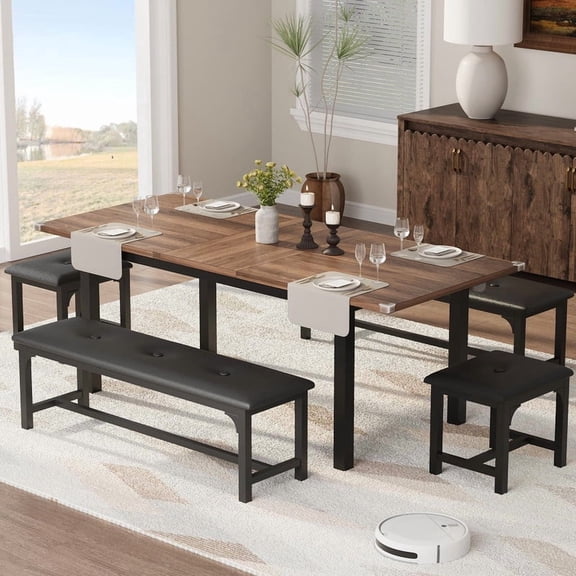TROPOW 5-Piece Extendable Dining Table Set for 4-6 with Upholstered Benches, 63" Small Space Kitchen Dining Room Table Set, Ideal Dinner Table Set for 6 with Stools