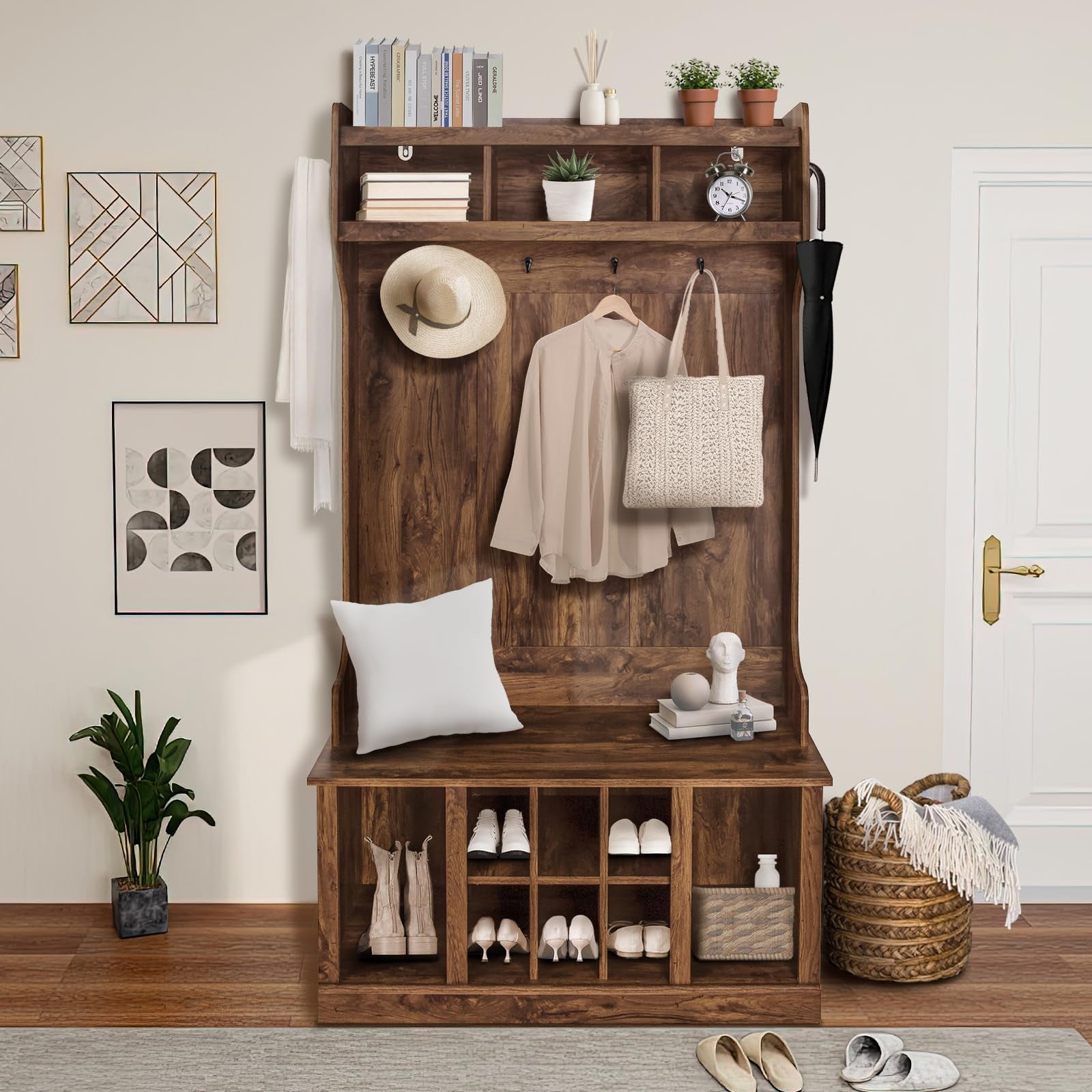 TROPOW 5-in-1 Entryway Hall Tree with Top Shelf and Storage Cabinet ...