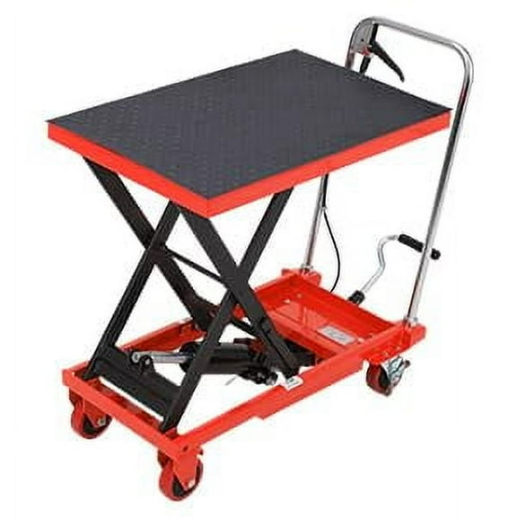 TROPOW 500lbs Hydraulic Lift Table Cart - 28.5" Lifting Height, Single Scissor Manual Lift with 4 Wheels & 3mm Non-Slip Pad for Material Handling and Transportation - Red