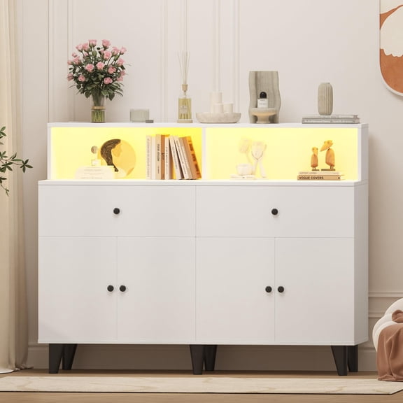 TROPOW 51 in Storage Cabinet with Power Outlets & LED Light, Wood Coffee Bar Station Table with Drawers and Adjustable Shelves, Freestanding Pantry Cabinet Cupboard Hutch