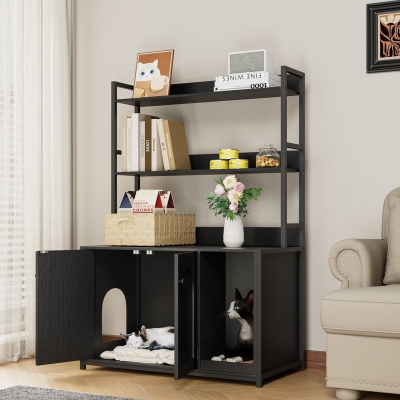 TROPOW 52" Large Cat Litter Box Enclosure Furniture with Shelves, Wood Grain Hidden Cabinet for Most Litter Boxes, Dog-Proof Kitty Litter Cabinet with Scratch Mat, Modern Pet Furniture