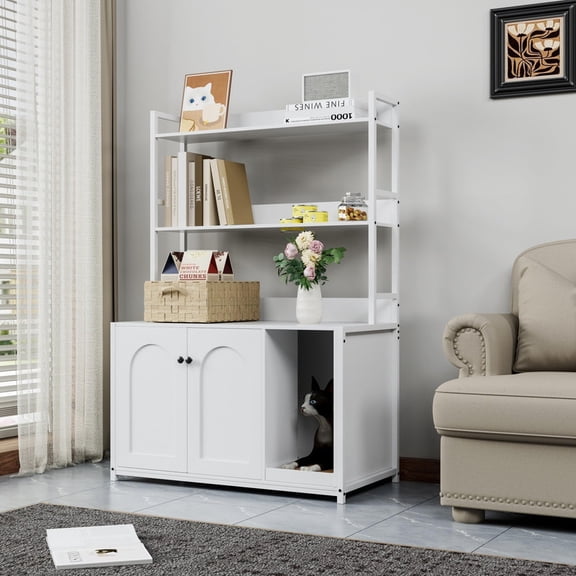 TROPOW 52" Large Cat Litter Box Enclosure Furniture with Shelves, Wood Grain Hidden Cabinet for Most Litter Boxes, Dog-Proof Kitty Litter Cabinet with Scratch Mat, Modern Pet Furniture