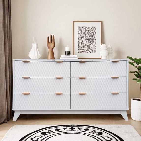 TROPOW 54" Wide Drip Pattern 6 Drawers Dresser with Faux Marble Top, Bedroom Chest of Dresser Wood, Curved Profile Design, TV Stand for Nursery, Bedroom, Living Room
