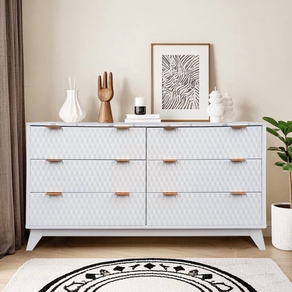 TROPOW 54" Wide Drip Pattern 6 Drawers Dresser with Faux Marble Top, Bedroom Chest of Dresser Wood, Curved Profile Design, TV Stand for Nursery, Bedroom, Living Room