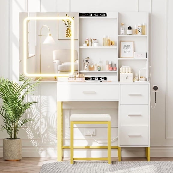 TROPOW 57'' Modern Wood Makeup Vanity Desk with Lighted Mirror, Charging Station, 3 Color Lighting, 4 Drawers, Storage Shelves & Cushioned Stool, Marble White Vanity Table Set, White