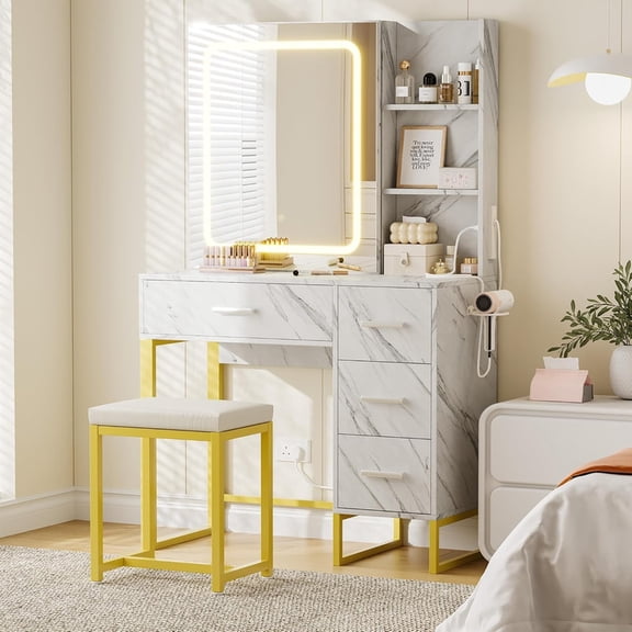 TROPOW 57'' Modern Wood Makeup Vanity Desk with Lighted Mirror, Charging Station, 3 Color Lighting, 4 Drawers, Storage Shelves & Cushioned Stool, Marble White Vanity Table Set, Marble