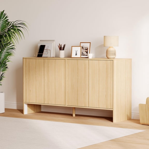 TROPOW 58 in Fluted Sideboard with Storage, Modern Accent Storage Cabinet with 4 Fluted Doors and Adjustable Shelves, Wood Credenza Buffet Cabinet, Console Table for Kitchen Dining Living Room