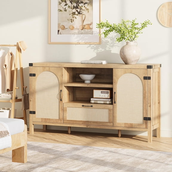 TROPOW 59.1 in Rattan Buffet Cabinet with Storage, Kitchen Coffee Bar Cabinet with Doors and Drawer, Boho Farmhouse Sideboard with Adjustable Shelves and Handle for Kitchen, Living Room