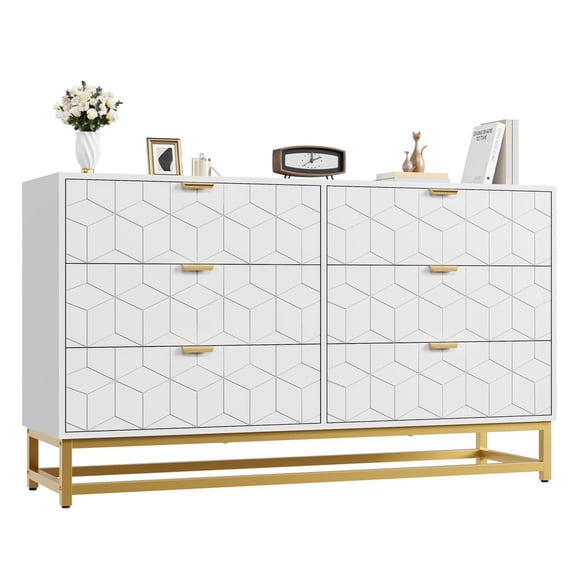 TROPOW 6 Drawer Dresser for Bedroom, 53.5” Large Dresser with Metal Legs, Modern Chest Organizer with Wide Storage, Chest of Drawers for Bedroom, Living Room, Entryway