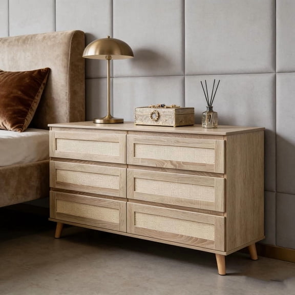 TROPOW 6 Drawer Dresser for Bedroom, Rattan Dressers & Chests of Drawers with Wooden Legs, Modern Farmhouse Storage Cabinet for Nursery, Entryway, Living Room, Natural Wood Color