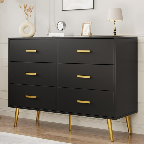 TROPOW 6 Drawer Dresser with Storage Space, Modern Wooden Dresser with Gold Handles, Chest Dresser with Deep Drawers for Bedroom, Living Room and Entryway,Black