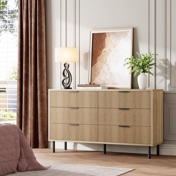 TROPOW 6 Drawer Dresser, Wide Wood Double Dresser with Metal Legs and Handles, Modern Chest of Drawers with Anti-Tipping Design for Bedroom Living Room, Hallway