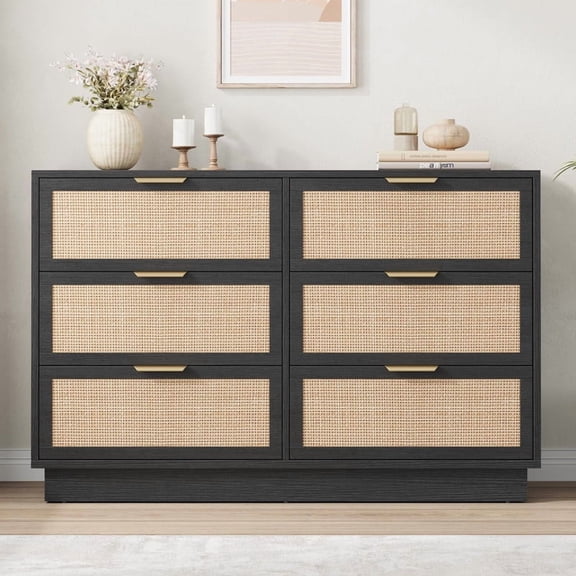 TROPOW 6 Drawer Rattan Dresser for Bedroom, Integrated Cabinet Body & Legs Design, Wooden Chest of Drawers for Hallways, Entryways and Closet, Easy Assembly