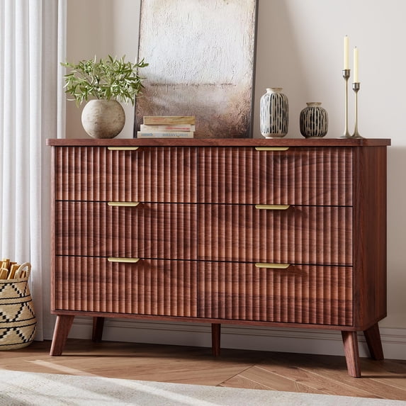 TROPOW 6 Drawers Dresser for Bedroom, Dressers with Curved Profile Design, Fluted Wood Drawers with Gold Handle, Modern Chest of Dressers with Thickened Design for Living Room