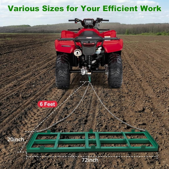 TROPOW 6 FT Drag Harrow Driveway Grader, Heavy Duty Power Rake with 6 FT Chain, Tow Behind Lawn Rake for ATV, UTV, Tractor, Mower, Land Leveler for Gravel, Sand, Soil, Hay,Green