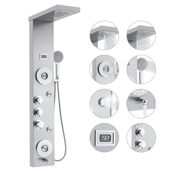 TROPOW 6 In 1 Shower Panel Tower System, Towallmark LED Rainfall Shower Panel Tower Stainless Steel Shower System, 4 Output Modes with Handheld Shower Head, Wall-Mounted, Silver