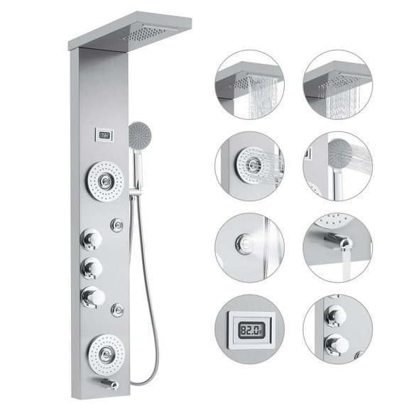 TROPOW 6 In 1 Shower Panel Tower System, Towallmark LED Rainfall Shower Panel Tower Stainless Steel Shower System, 4 Output Modes with Handheld Shower Head, Wall-Mounted, Silver