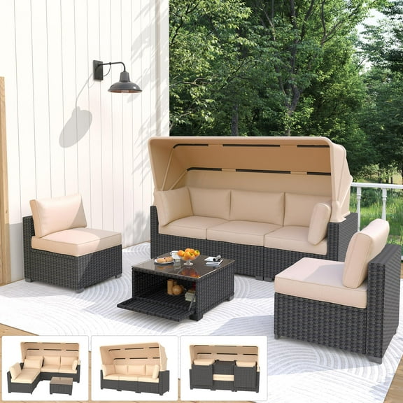TROPOW 6 Pieces Patio Furniture Set - Rattan Outdoor Daybed with Retractable Canopy, Outdoor Furniture Sectional Sofa Set with Adjustable Backrest, Wicker Furniture for Garden Poolside Backyard