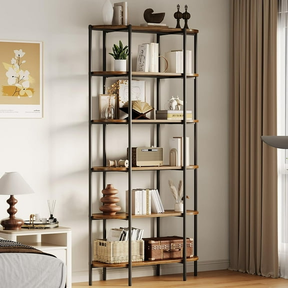 TROPOW 6 Tier Bookshelf - Tall Bookcase Oval Vintage Bookshelf Industrial Bookshelves Industrial Wood and Black Metal Bookshelves Display Shelf Storage for Home Office Living Room Bedroom