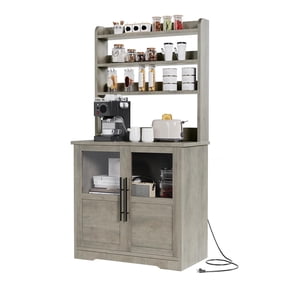 TROPOW 6-Tier Kitchen Bakers Rack,Storage, Power Outlet, and Glass Doors,Rustic Wood Coffee Hutch, Microwave Stand with 3 Open Shelves for Kitchen, Living Room, Dining Room