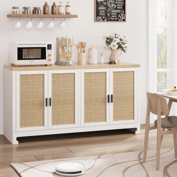 TROPOW 60 in Farmhouse Rattan Buffet Cabinet - 4-Door Woven Storage Sideboard with Adjustable Shelves, Kitchen Console Table for Dining Room & Living Room Entryway
