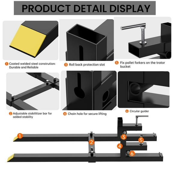 TROPOW 60-Inch Heavy-Duty Clamp-On Pallet Forks – 4000 Lbs Capacity with Adjustable Stabilizer Bar for Skid Steer, Loader, and Tractor