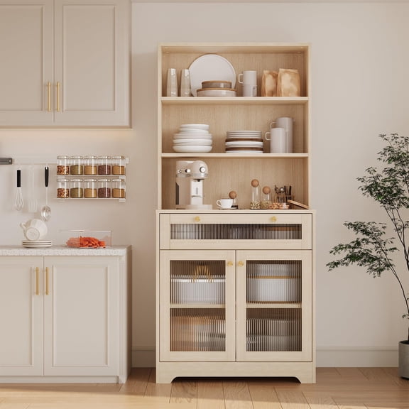 TROPOW 62" Pantry Cabinet with Storage Drawers, Farmhouse Kitchen Hutch Bar Cabinet with 3-Tier Open Shelf & Microwave Stand, Kitchen Cupboard with Glass Door for Dining/Living Room, Wood