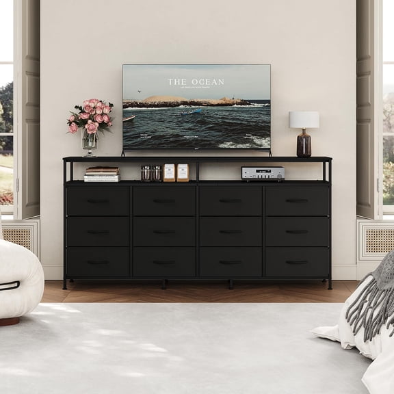 TROPOW 63'' Fabric Long Dresser with 12 Drawers for Bedroom - Dresser TV Stand for 55, 65, 70 Inch TV - Chest of Drawers with Open Shelves for Living Room