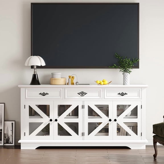 TROPOW 63" Kitchen Buffet Cabinet with Storage, Wood Coffee Bar Sideboard with Glass Display, 3 Drawers, Charging Station,for Dining Room and Living Room