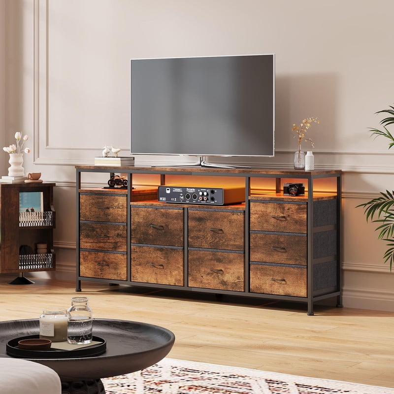 TROPOW 63" W Long Fabric Dresser TV Stand with 14 Drawers, Power Outlets, for 65 70 75 Inch TVs, Entertainment Center for Bedroom Living Room Storage
