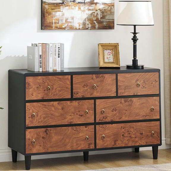 TROPOW 7 Drawers Dresser,Modern Chest of Drawers with Natural Texture, Curved Profile Design, Dresser TV Stand, Wood Drawer Organizer for Bedroom, Living Room, Hallway
