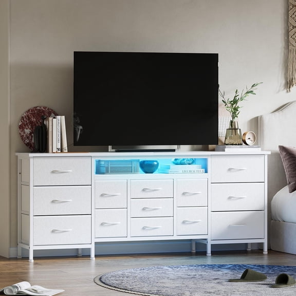 TROPOW 70 Inch TV Stand with Drawers and Outlet, Long Entertainment Center for 65 75 80 Inch TV, Fabric Dresser Media Console with LED Light