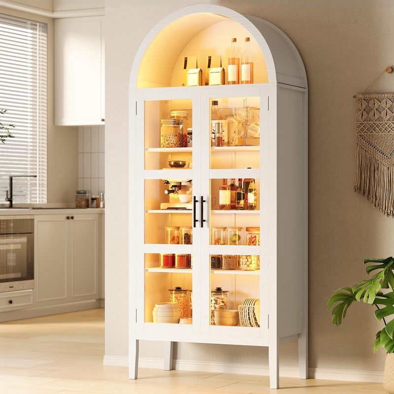 TROPOW 71'' Tall Arched Storage Cabinet with 3 Color Lights, 5-Tier Kitchen Pantry Cabinet with Glass Doors, Morden Versatile Arched Bookshelf for Dining Room, Entryway, Living Room, White